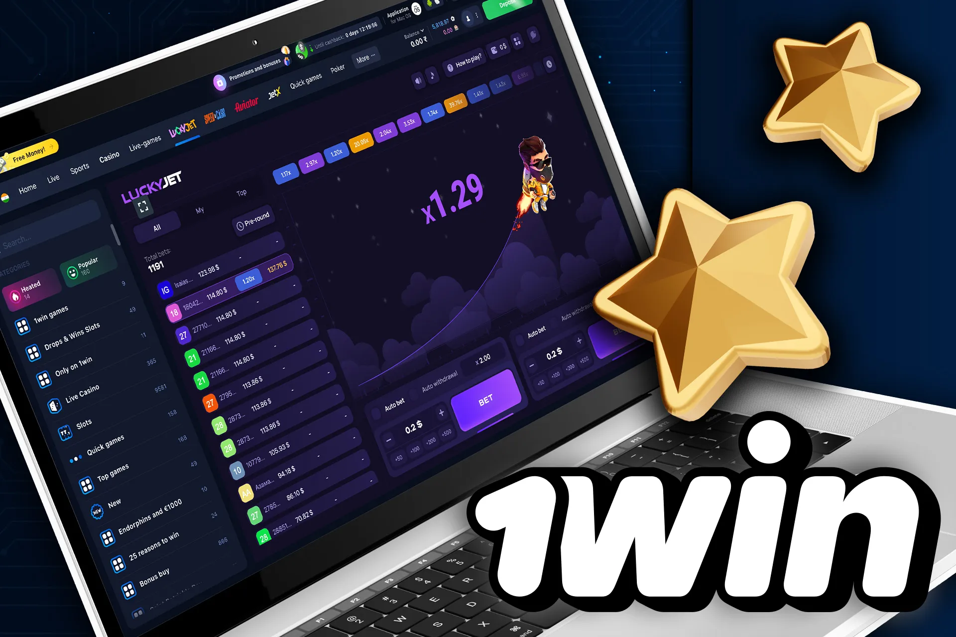 1win साइट पर जाएं, अपने खाते में पैसे डालें, कोई गेम ढूंढें और खेलना शुरू करें।