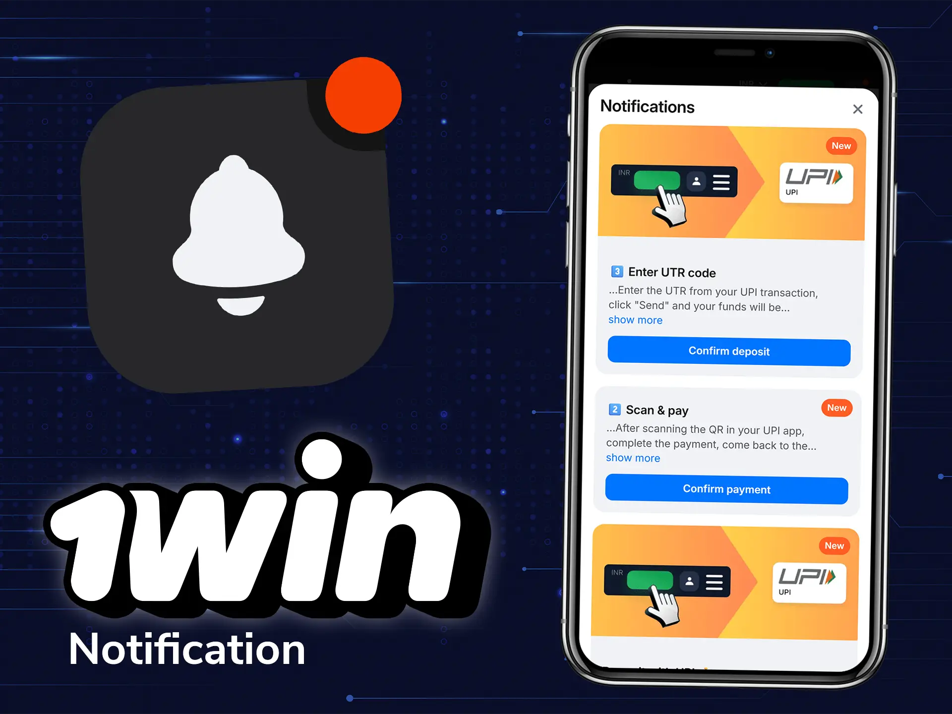 Get notifications from the 1win app to stay updated on events.