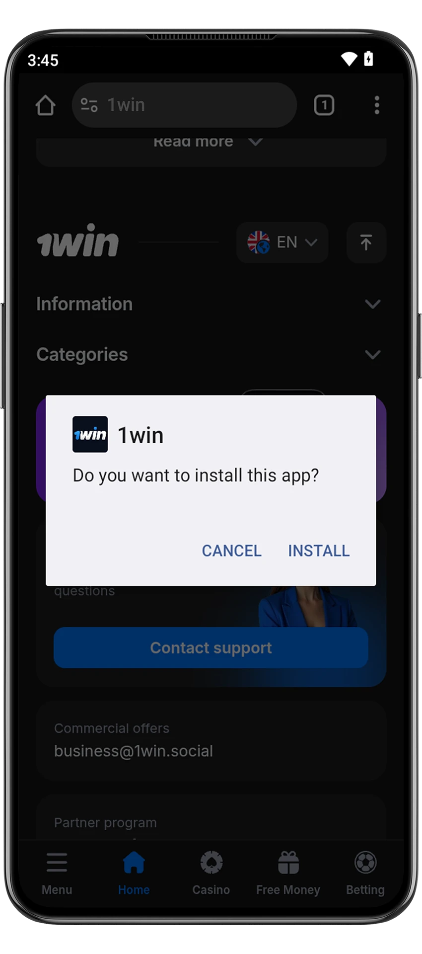 Install the 1win app on your Android device and start playing.