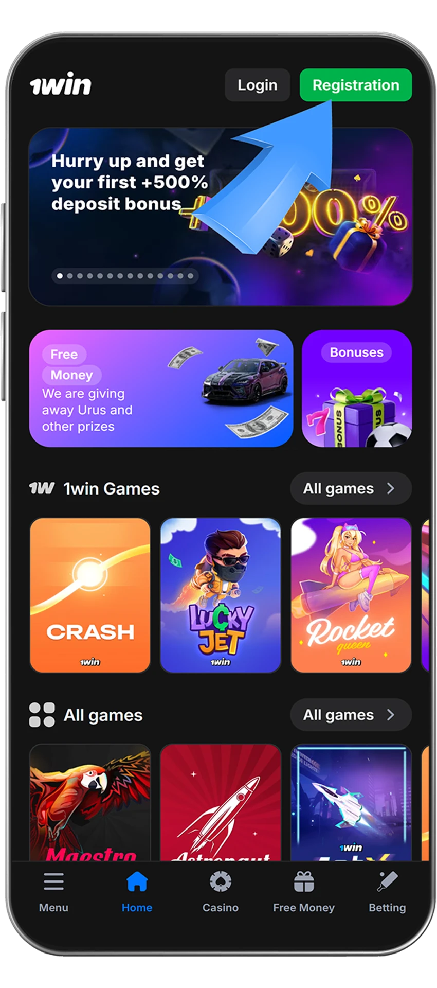 To begin registration, find the sign-up button on the official 1Win website.