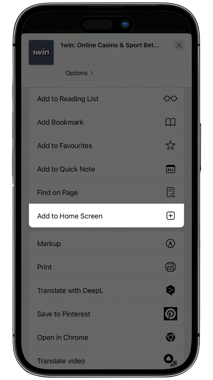 Select Add to home screen 1win from the menu.